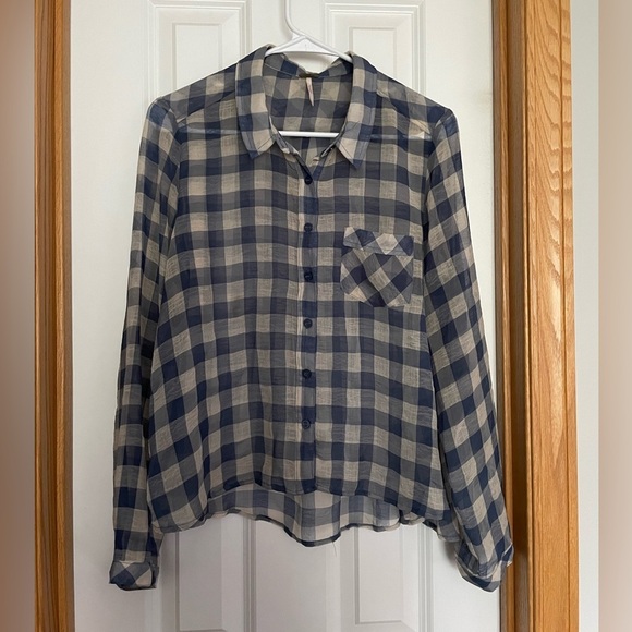 Free People Sheer Gauzy Blue Cream Plaid Print Button Front Shirt Size Medium - Picture 5 of 6